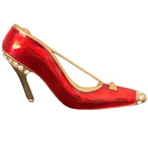 Stiletto High Heel Shoe Pin Red Enamel & Crystal 18k Gold Layered Brooch NEW